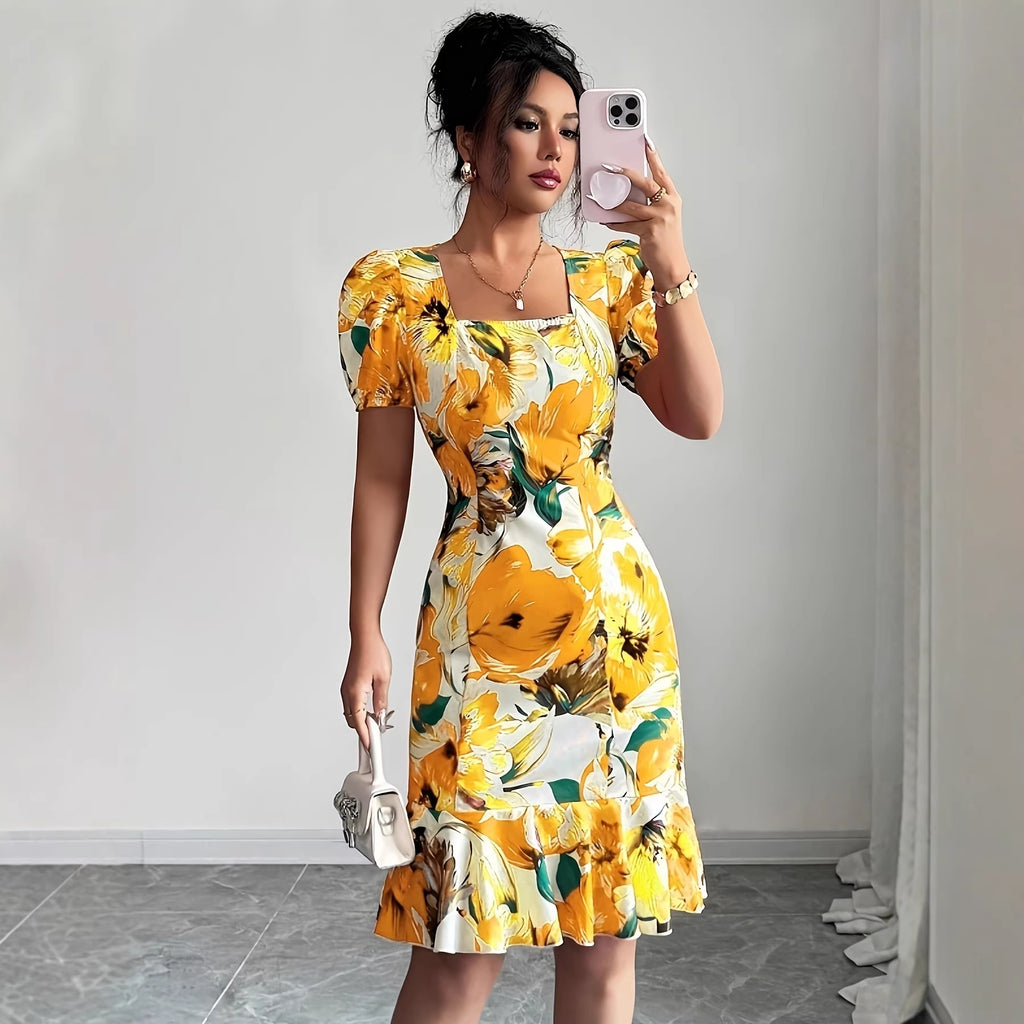 Retro Square-Neck Puff-Sleeve Waist-Cinching Ruffle-Trim Dress