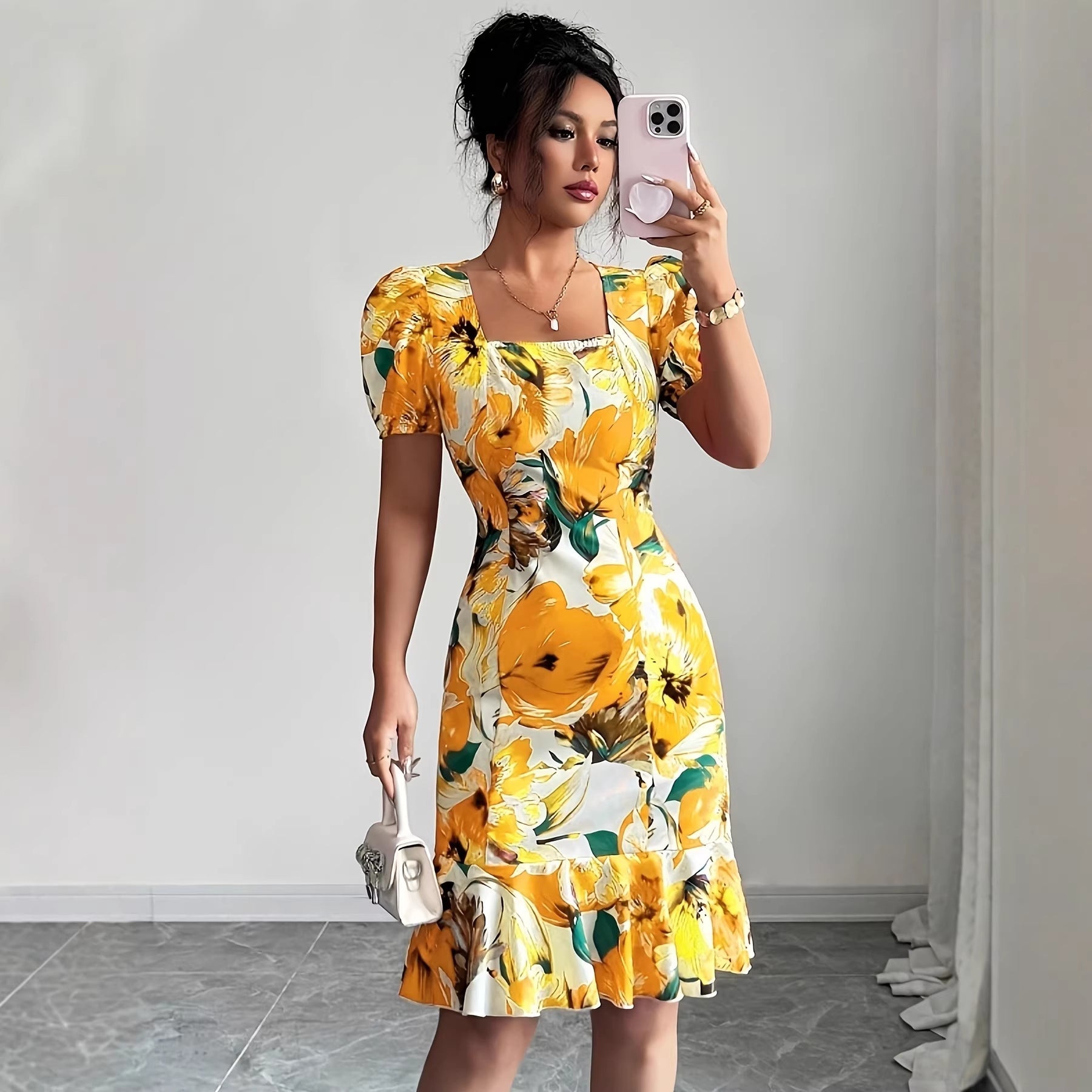 Retro Square-Neck Puff-Sleeve Waist-Cinching Ruffle-Trim Dress