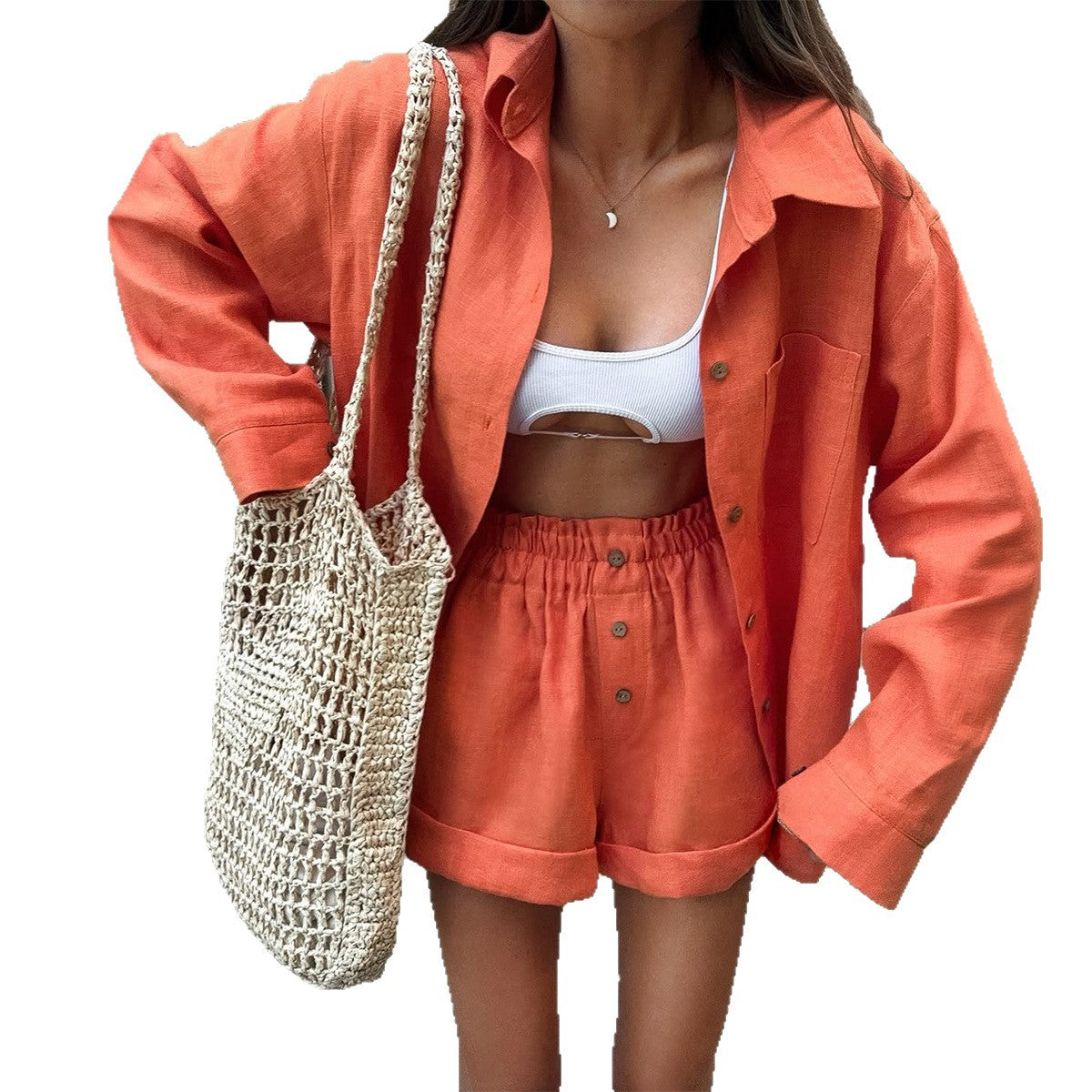 Womens Solid-Color French-Style Vintage Shirt And Shorts Set