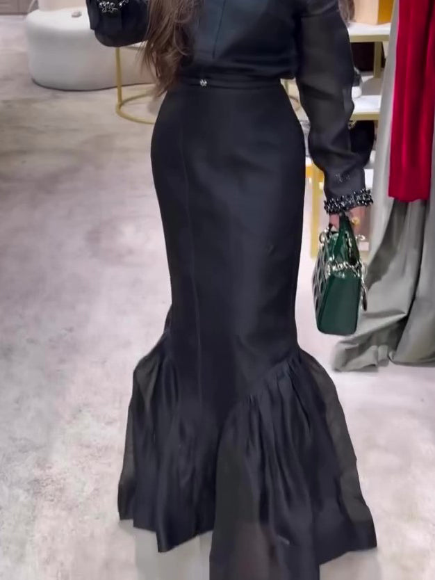 Black Structured Organza Mermaid Maxi Skirt