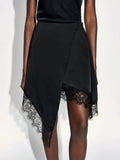 Solid-color Lace-panel A-line Asymmetrical Skirt For Women