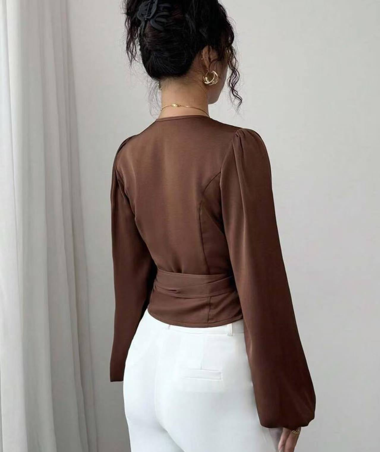 Light Mature Style New Long-sleeved Waist-cinching Belly-covering Shirt
