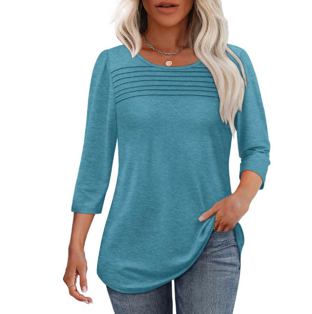 Ladies' Autumn And Winter Round Neck Three-quarters Sleeved Chest Tuck Line Pleated Top