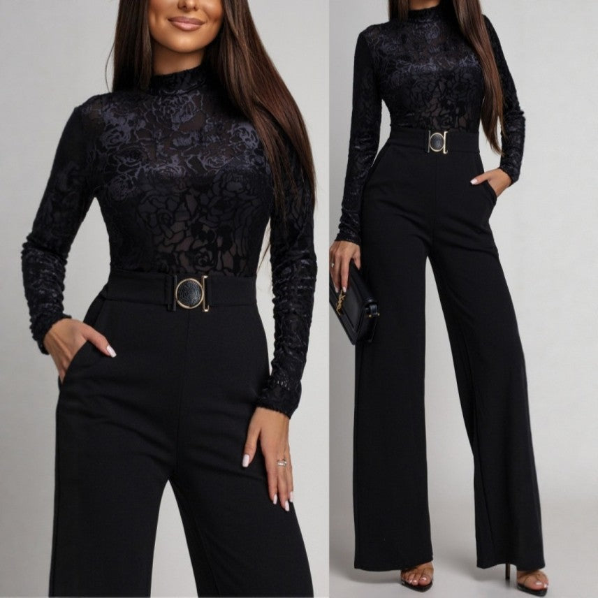 Womens Spring Autumn Lace-Panel Long-Sleeve Jumpsuit