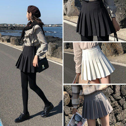 High-waisted A-line Skirt For Petite Women Gray And White Pleated Skirt