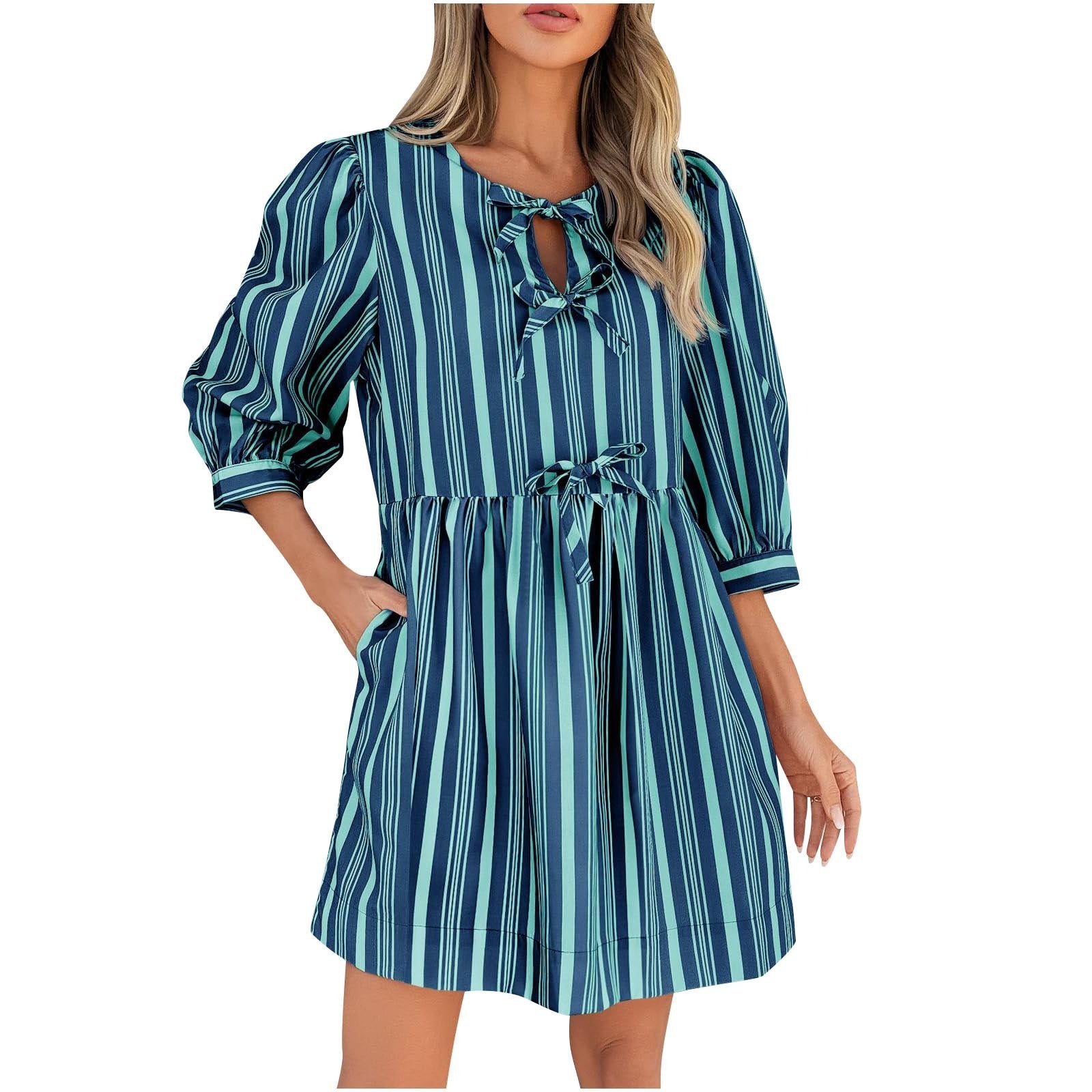 Comfort Lace-up Bow Three-quarter Sleeve Striped Dress
