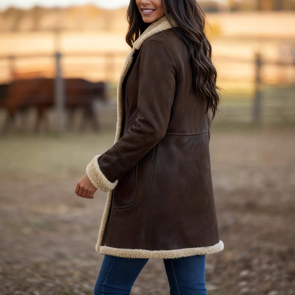 Womens New Mid-Length Fleece-Lined Retro Plush Lapel Pocket Double-Breasted Leather Coat