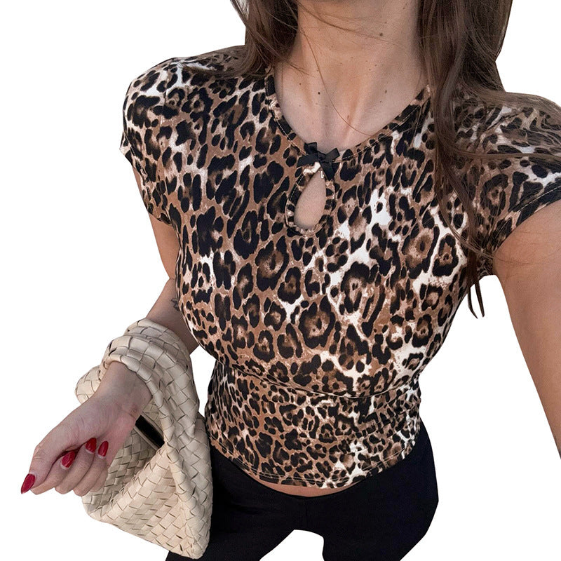 Women's Leopard Print Round Neck Bowknot