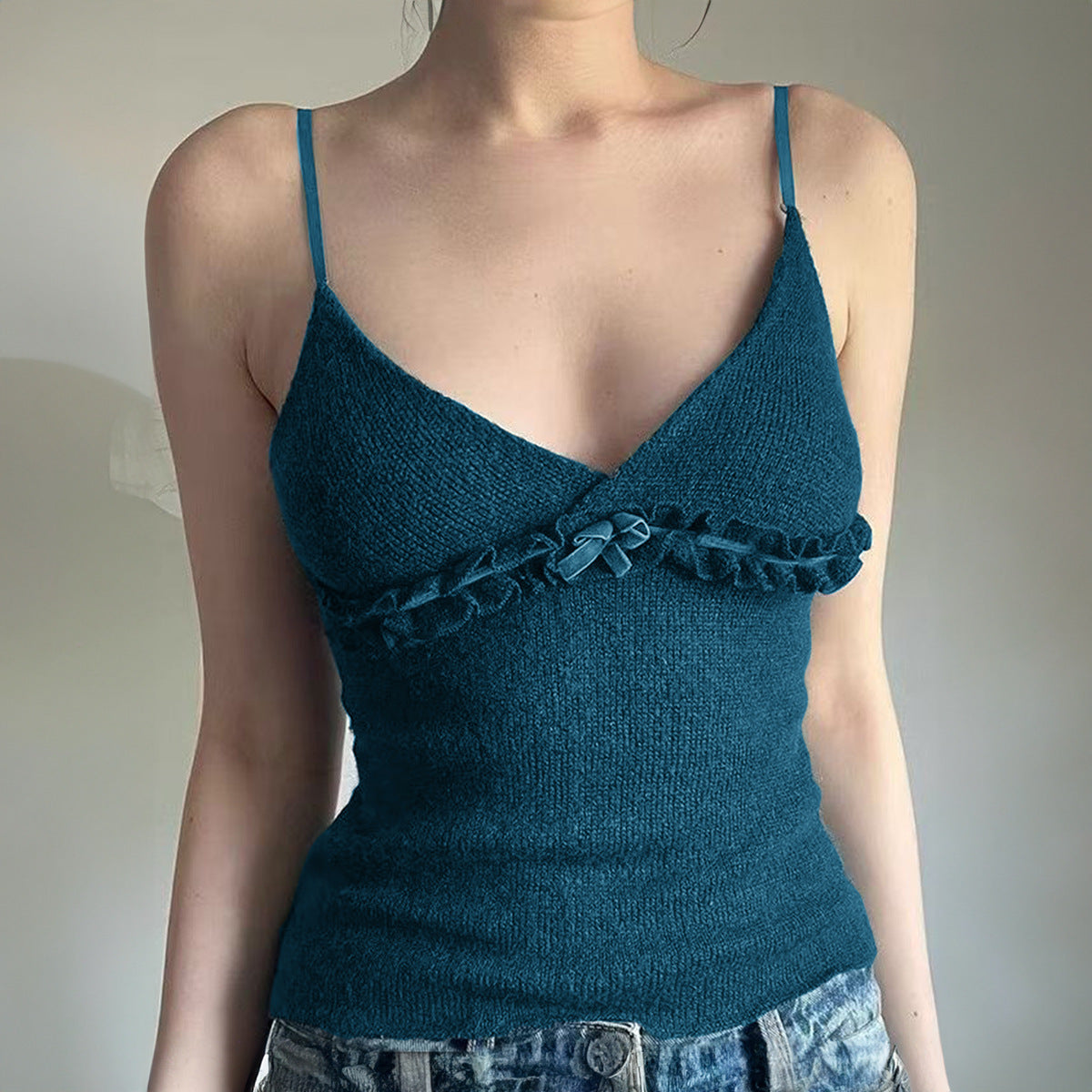 Y2g Top Women's Solid Color Slim Flower Knitted Sling Women