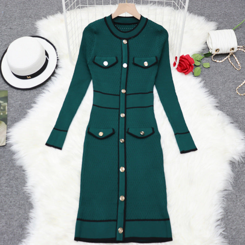 Contrast Color Four-pocket Slim Slimming Exquisite Dress