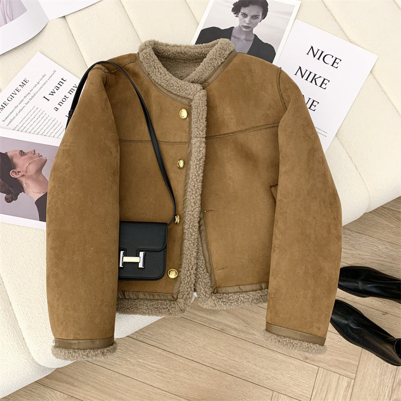 Classic Style Fur Single-breasted Crew Neck Coat Women