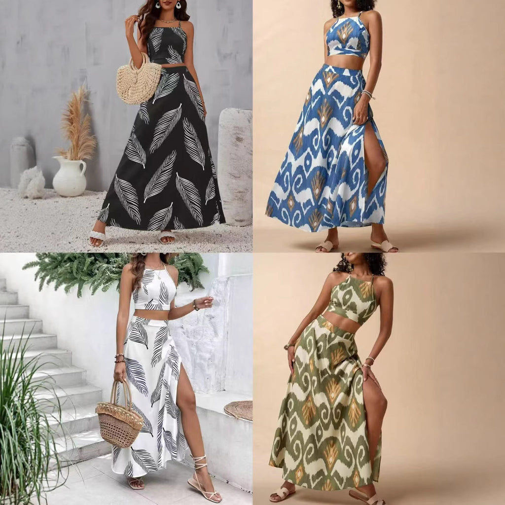 Holiday Floral Print Elegant Two-piece Set Overall Dress Set