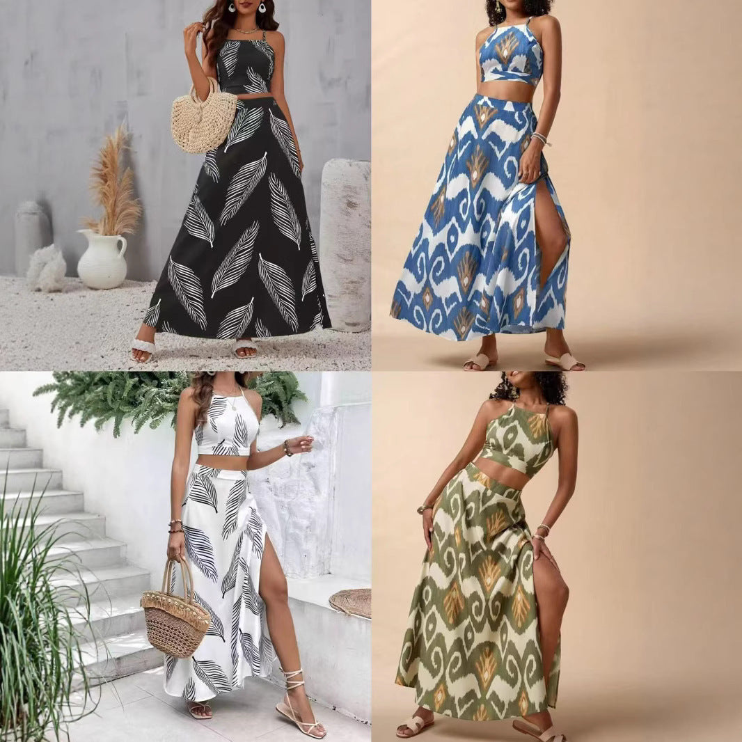 Holiday Floral Print Elegant Two-piece Set Overall Dress Set