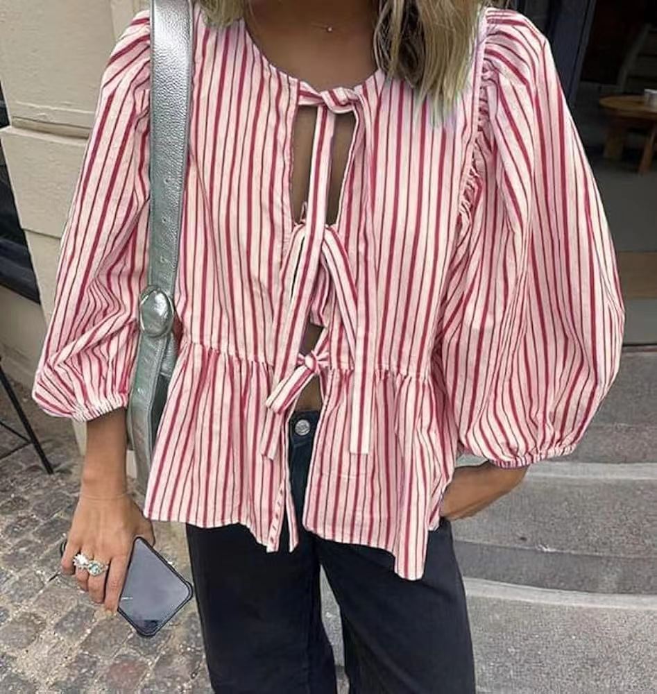 Spring And Summer New Women's Sweet And Casual Round Neck Bubble Sleeve Tied Striped Shirt