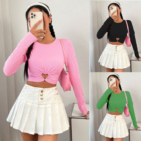 Women's Round Neck Slim-fit Short Heart And Circle Long Sleeve T-shirt