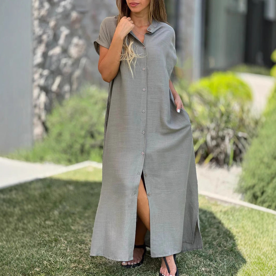 Cotton And Linen Casual Short-sleeved Cardigan Dress