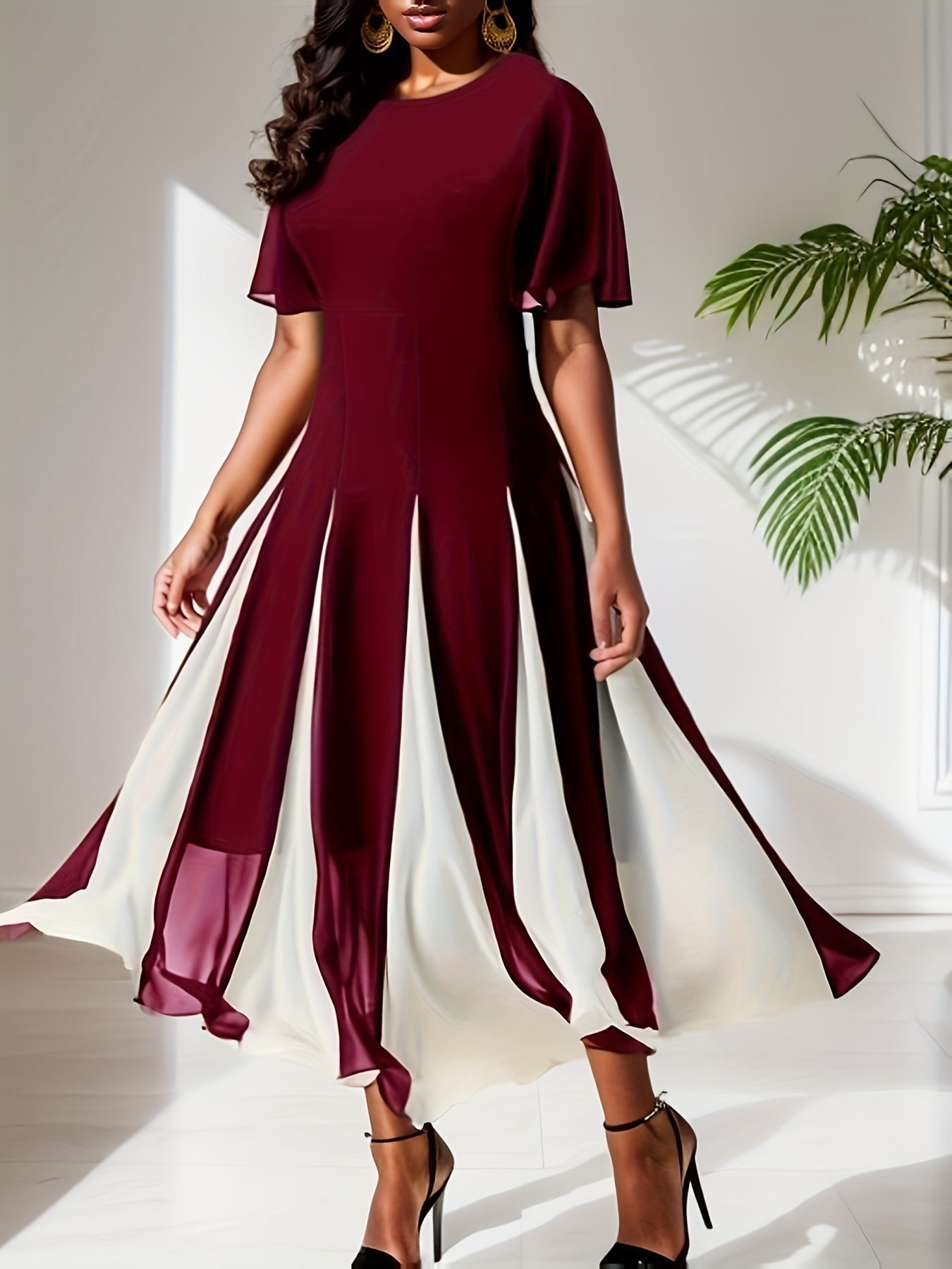 Contrast-color Chiffon Stitching Round Neck Short-sleeved Large Swing Dress Spring And Summer Women's Clothing