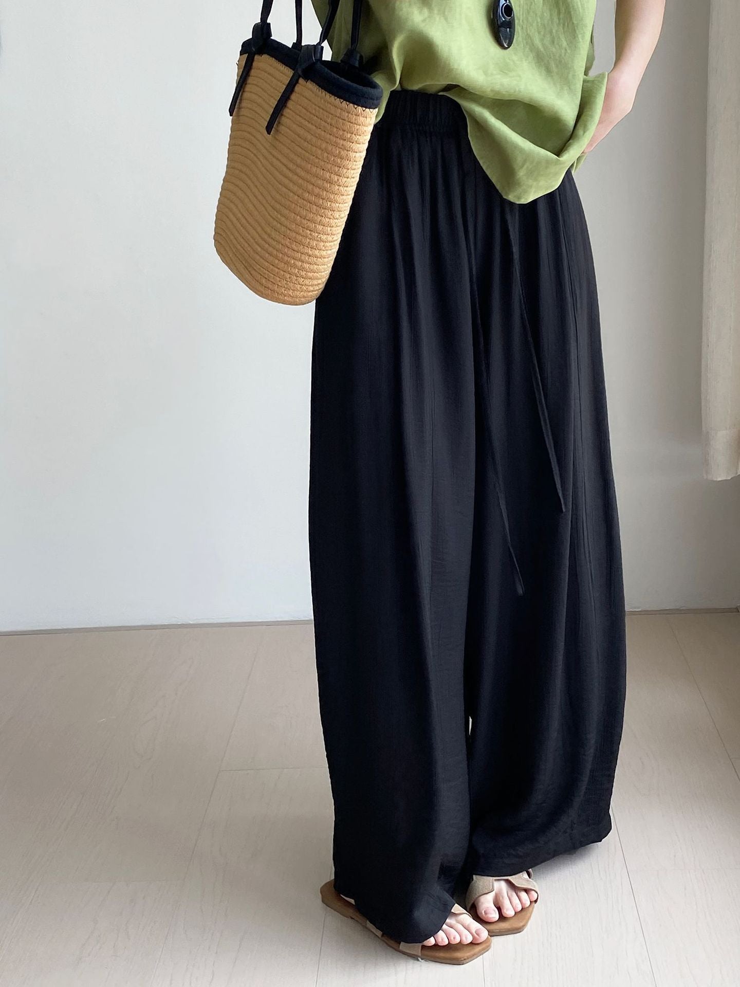 Thin Drawstring Elastic Waist Comfortable Breathable Casual Wide-leg Pants For Women