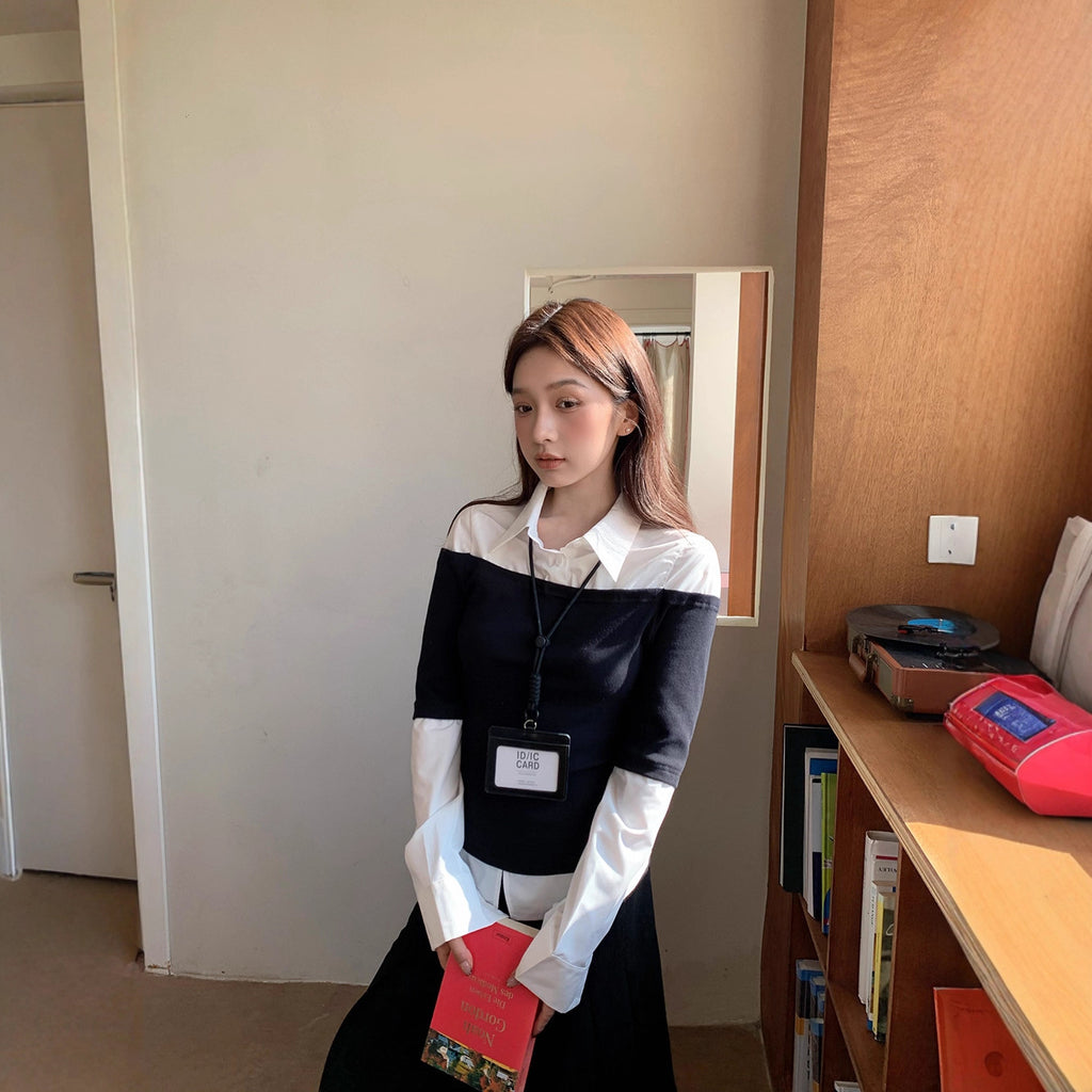 Women's Autumn Korean Slimming Fake Two-Piece Shirt