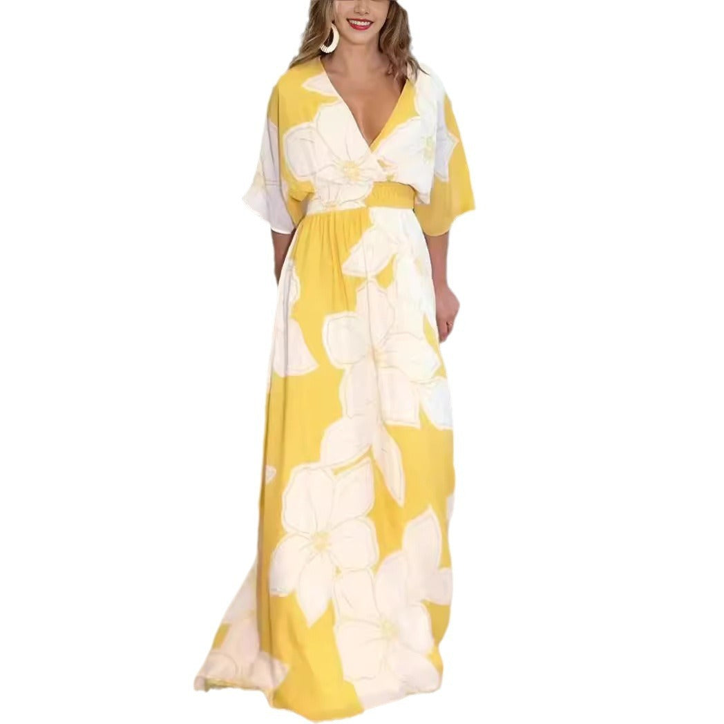 Flower Printed V-neck Long Dress