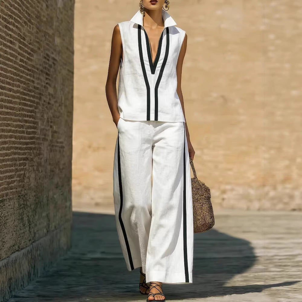 Contrasting-Color Sleeveless Single-Breasted Vest And Drawstring Pants Set