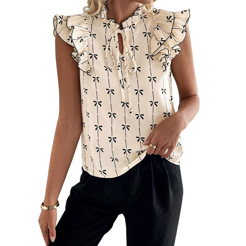 Ruffled Short Sleeve Drawstring Lace Collar Shirt