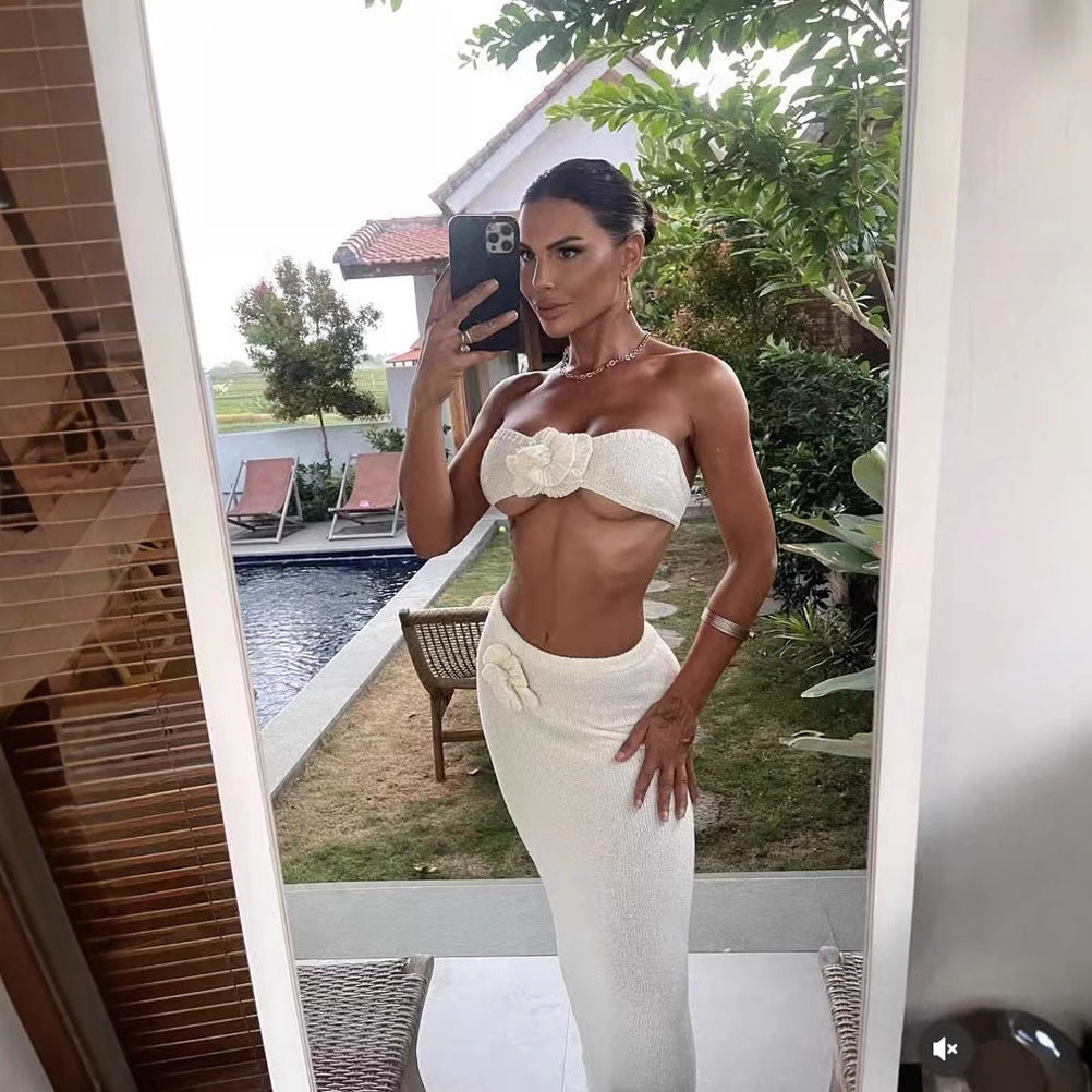Tube Top Knitted Hollow Flower High Waist Suit Women