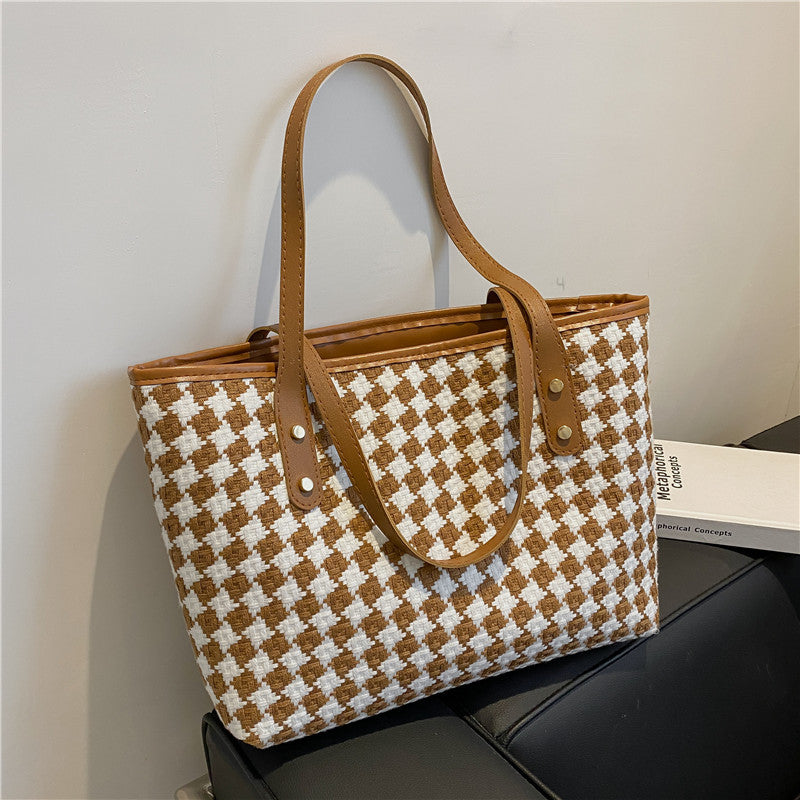 Stylish Plaid Shoulder Tote With Large Capacity
