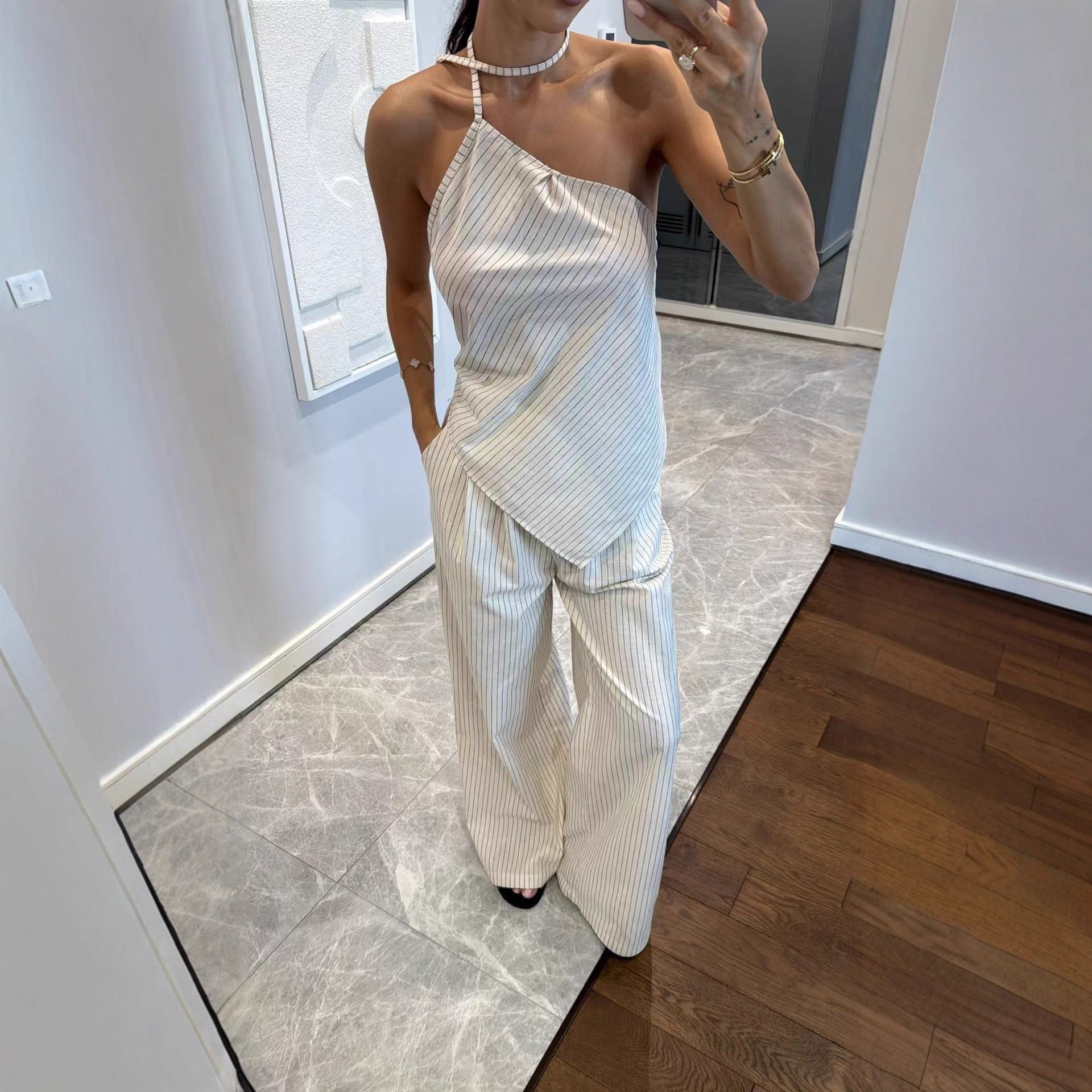 Off-shoulder Striped Irregular Top And Pants Two-piece Set