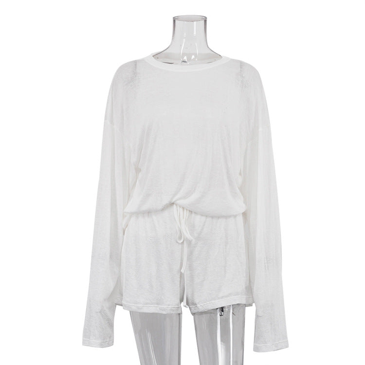 Solid-Color Sheer Minimalist Shorts Two-Piece Set