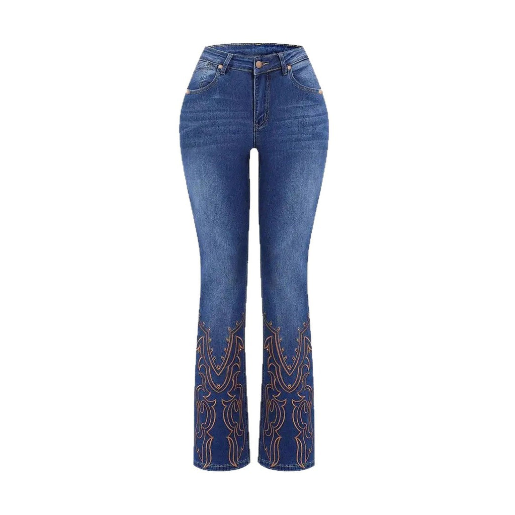 Womens Retro Beaded Embroidered Stretch Denim Jeans