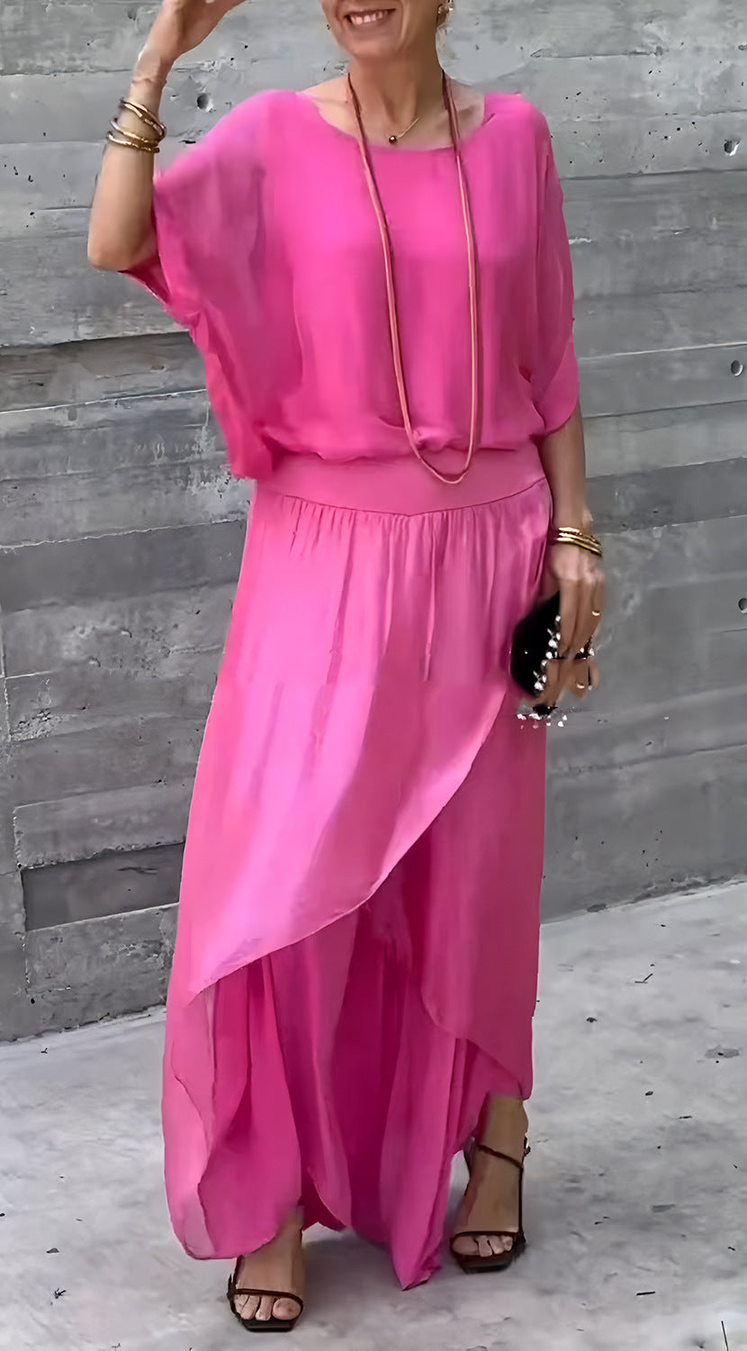 Top Split Wide Leg Pants Chiffon Casual Suit