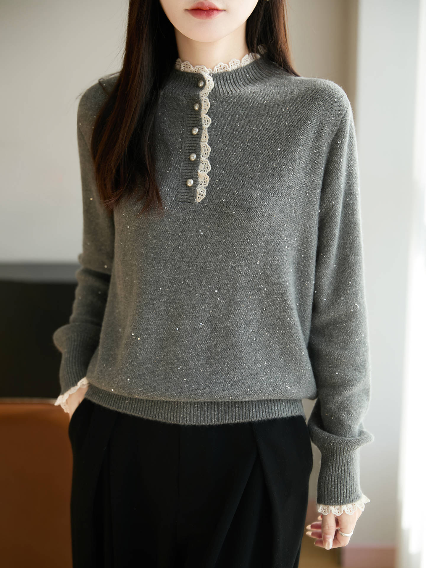 Womens Lace Mock Neck Base Layer Top