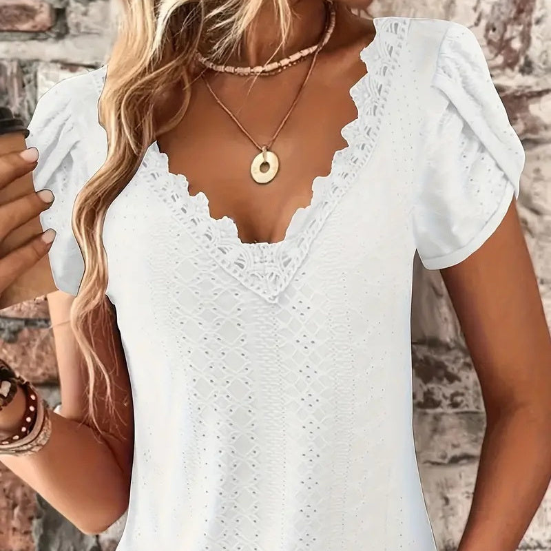 Women's Eyelet Lace Trim V-neck Shirt