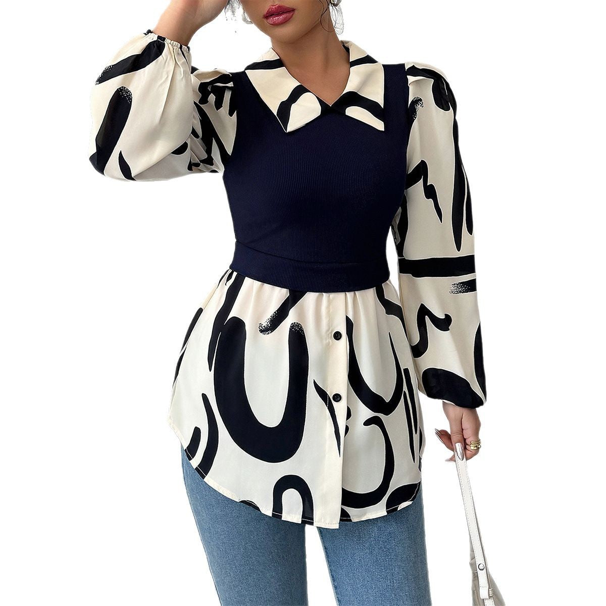 Holiday Casual Style Stitching Printing Long Sleeve Shirt Women's Clothing