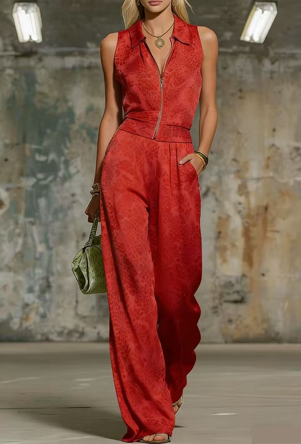 Printed Zip-up Sleeveless Jumpsuit