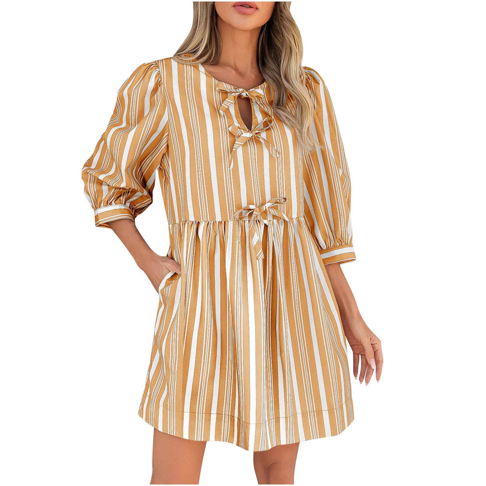 Comfort Lace-up Bow Three-quarter Sleeve Striped Dress