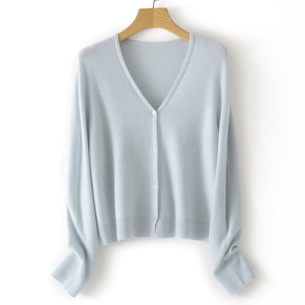 Women's Double Face Wool Leather V-neck Long-sleeved Knitted Cardigan
