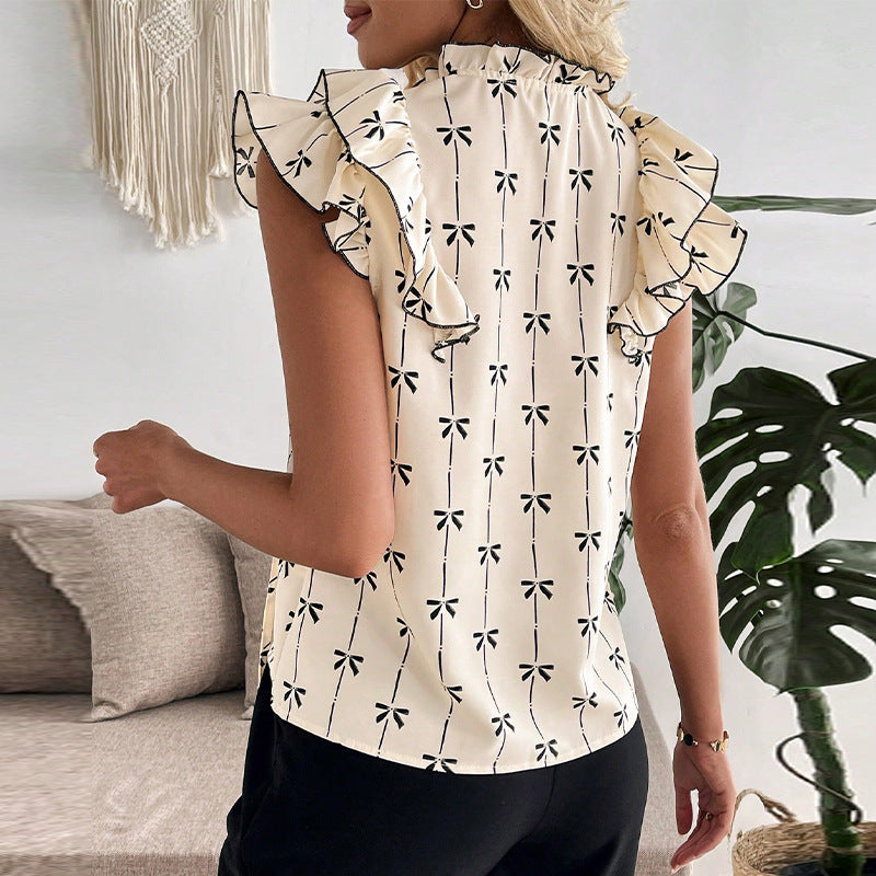 Ruffled Short Sleeve Drawstring Lace Collar Shirt