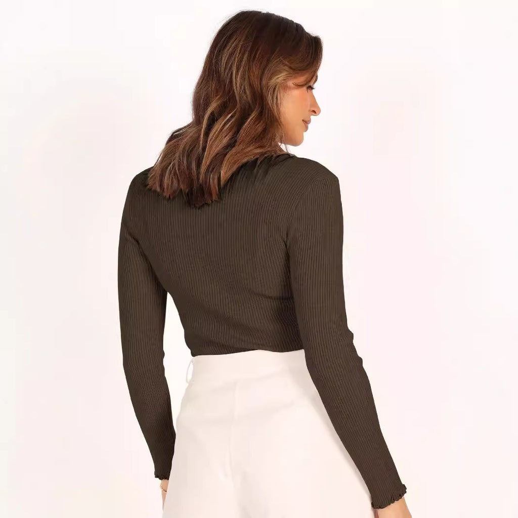 Round Neck Long Sleeve Slim Fit Shoulder Rib Women's Top