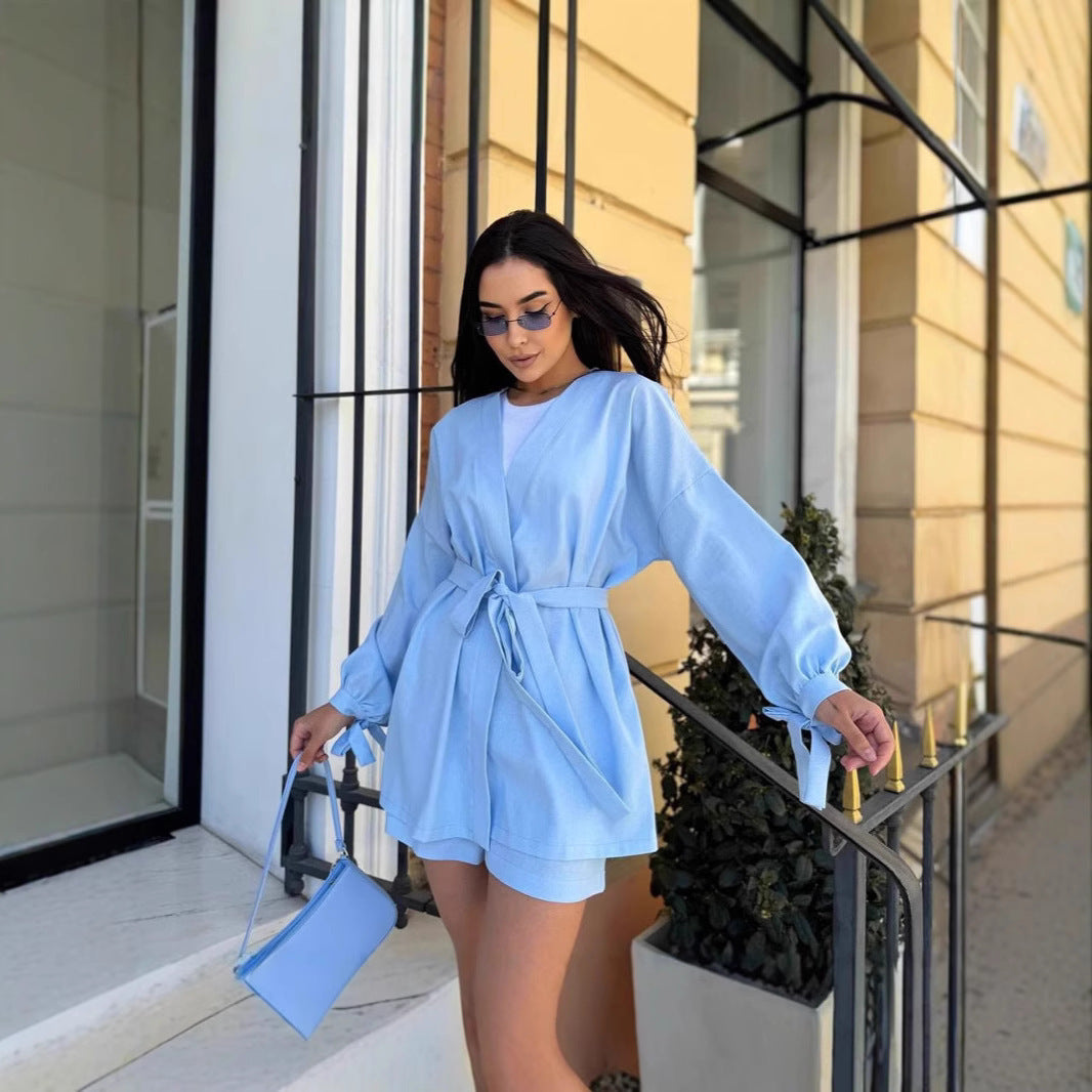 Lace-up Fashionable Top Casual Loose High Waist Shorts Two-piece Set