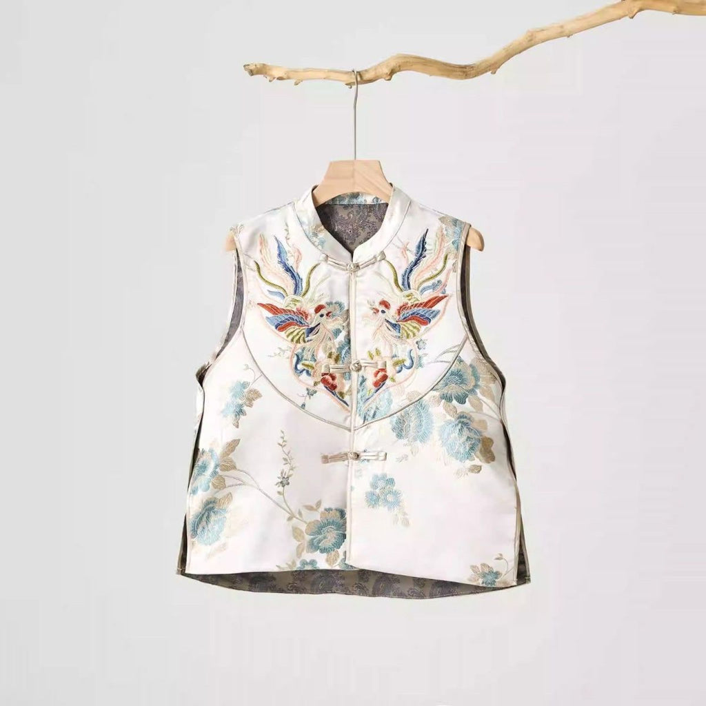 Split Stand Collar Machine Embroidery New Chinese Jacquard National Style Retro Buckle Vest For Women