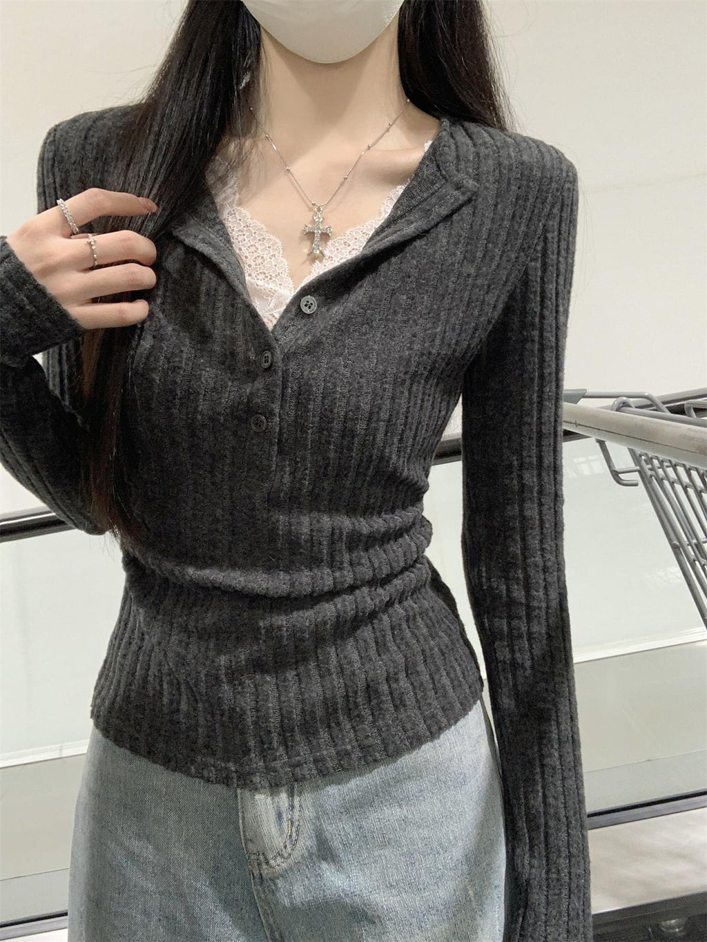 Button Half-open Collar Brushed Lace Patchwork Waist Pleated Top