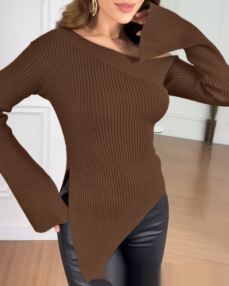 Asymmetrical Slit Knit Top With A Single Shoulder Design