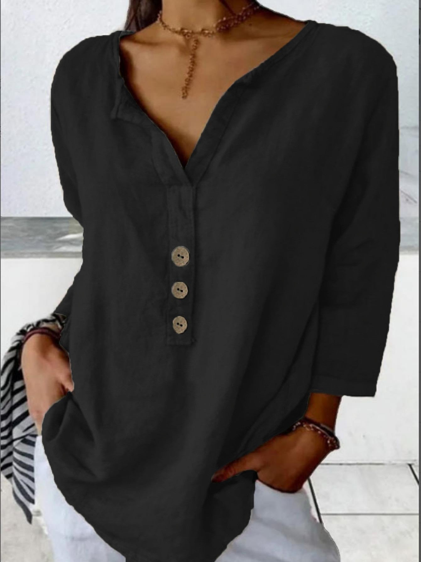 Solid Color Notched Collar Shirt Casual Button Shirt