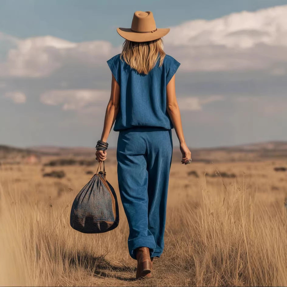 Western-style Sleeveless Wide-leg Cropped Suede Velvet Suit