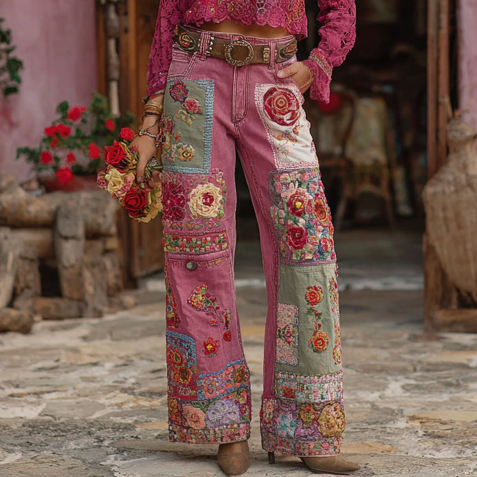 Womens Denim Jeans  Womens Trousers With Colorful 3D Floral Prints