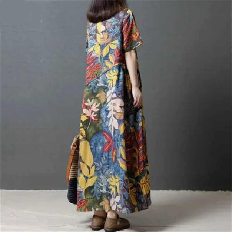 Retro Artistic Ethnic Style Oversized Loose-fitting Pattern Print Short Sleeve Dress