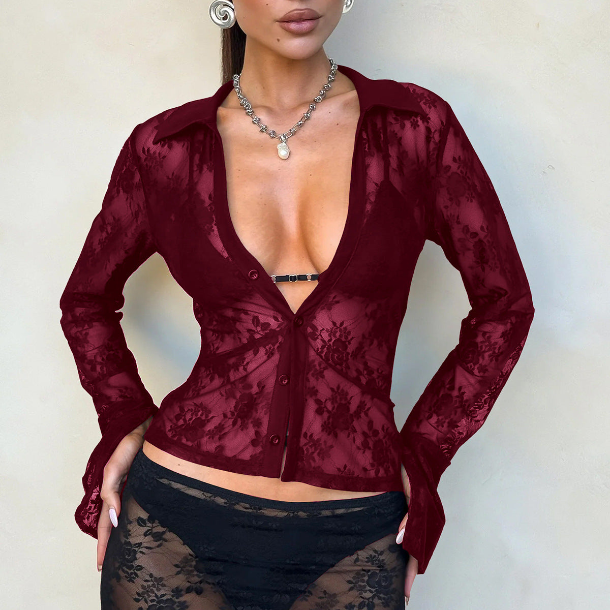 V Hot Girl Style Hollow Lace Cardigan Long Sleeve Top Women's Clothing
