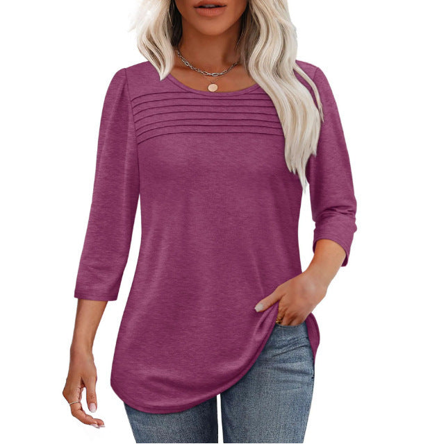 Ladies' Autumn And Winter Round Neck Three-quarters Sleeved Chest Tuck Line Pleated Top